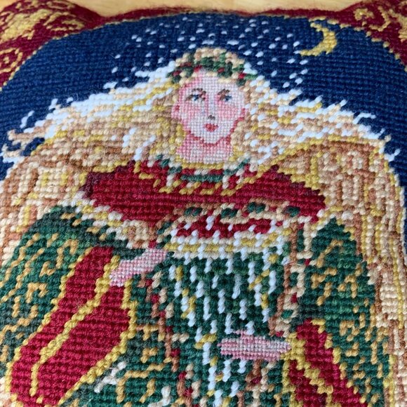 Vintage Handmade Christmas Angel Needlepoint Counted Cross Stitch Throw Pillow - Picture 5 of 6